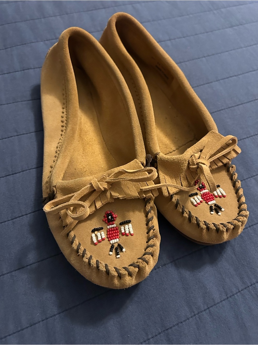 Minnetonka Tan Suede Beaded Kids Moccasins
